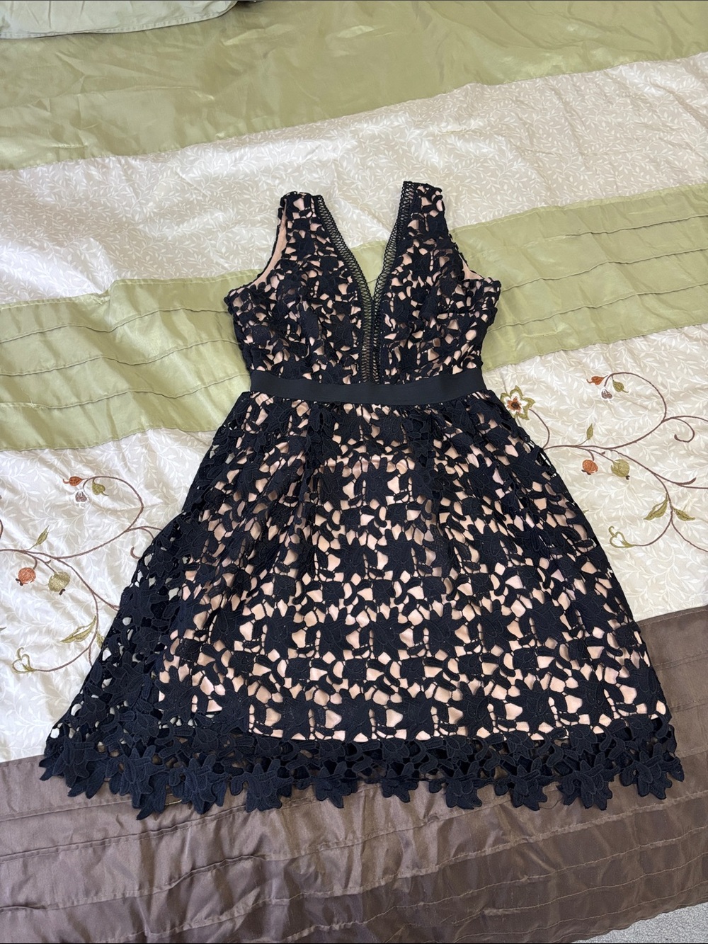 Black Floral Lace Mini Dress with Blush Lining